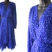 80s Blue with Textured Dots Deep V-Neckline Sheer Silk Pauline Trigère Dress M