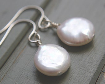 White coin pearl earrings sterling silver flat pearl dangle earrings round white pearl drop earrings freshwater pearl earrings round 12mm