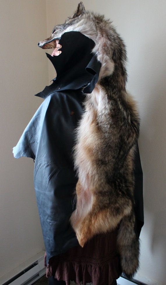 Coyote fur and deerskin shaman's cloak cape whole coyote