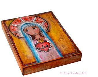 Mary and Her Sacred Heart - Giclee print mounted on Wood (6 x 8 inches) Folk Art by FLOR LARIOS