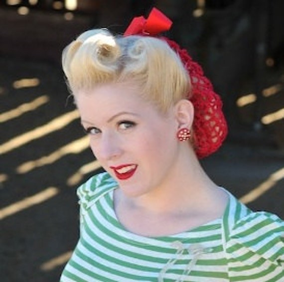 Vintage Retro Pinup Hair Snood in Cherry Red Crocheted from