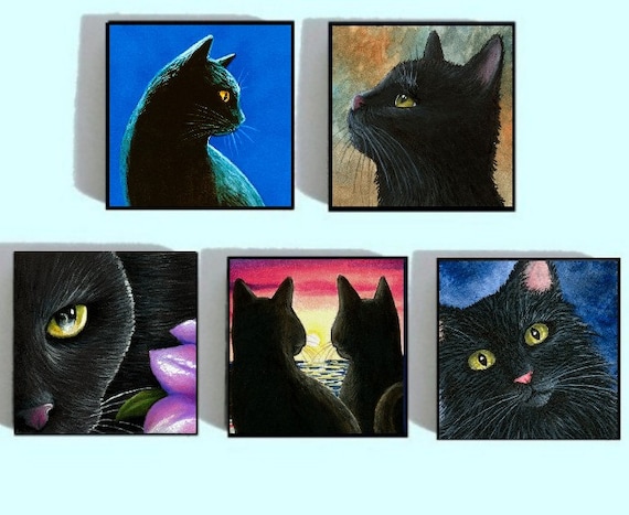Items similar to Fridge Magnets set of 5, black Cats 3 from art ...