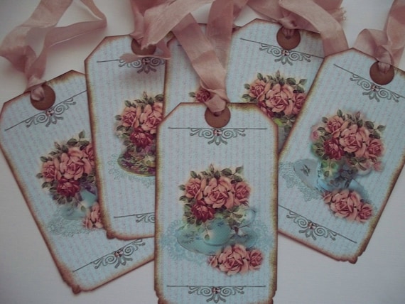 Teacup Tags Vintage Style Tea Time Floral Tags Mauve Roses - Set of 6