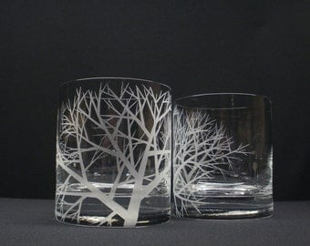 2 Double Old Fashioned Hand Engraved 'Reaching Branches' Crystal Glass Barware Whiskey Glass Father of The Bride Gift