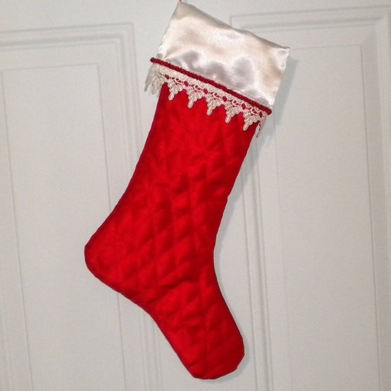 Quilted Christmas Stocking in Red and White with Lace and Bead