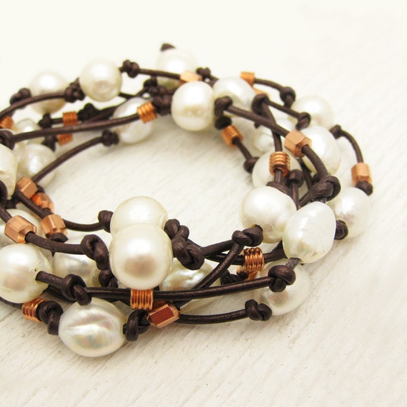 Items similar to Pearl Copper Leather Wrap Bracelet Necklace / metallic