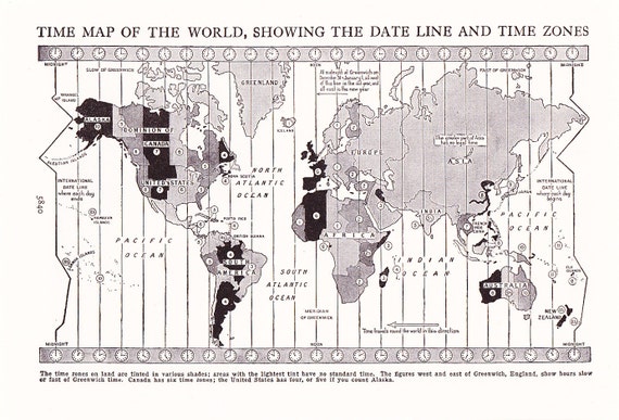 1947 map world time zones vintage antique map great for