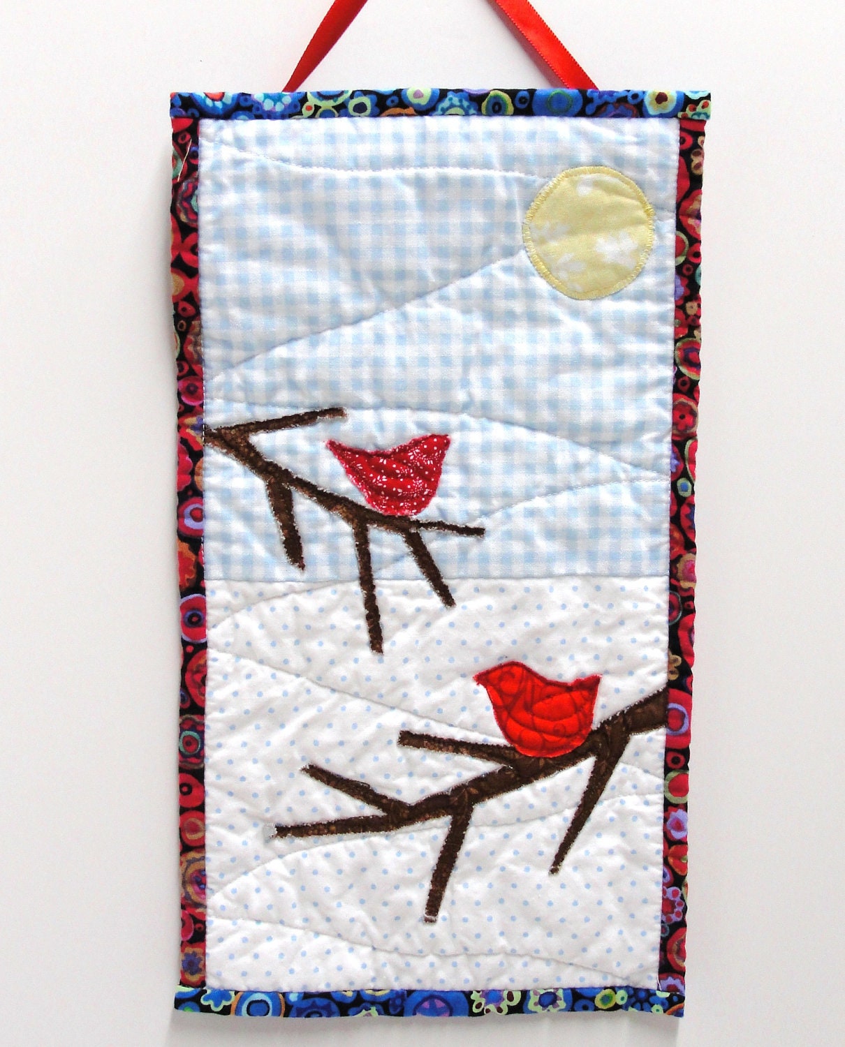 wall art quilt with red birds Winter Birds in