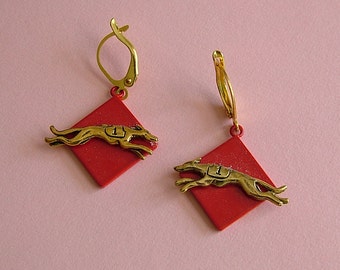Running Greyhound Whippet Red Earrings