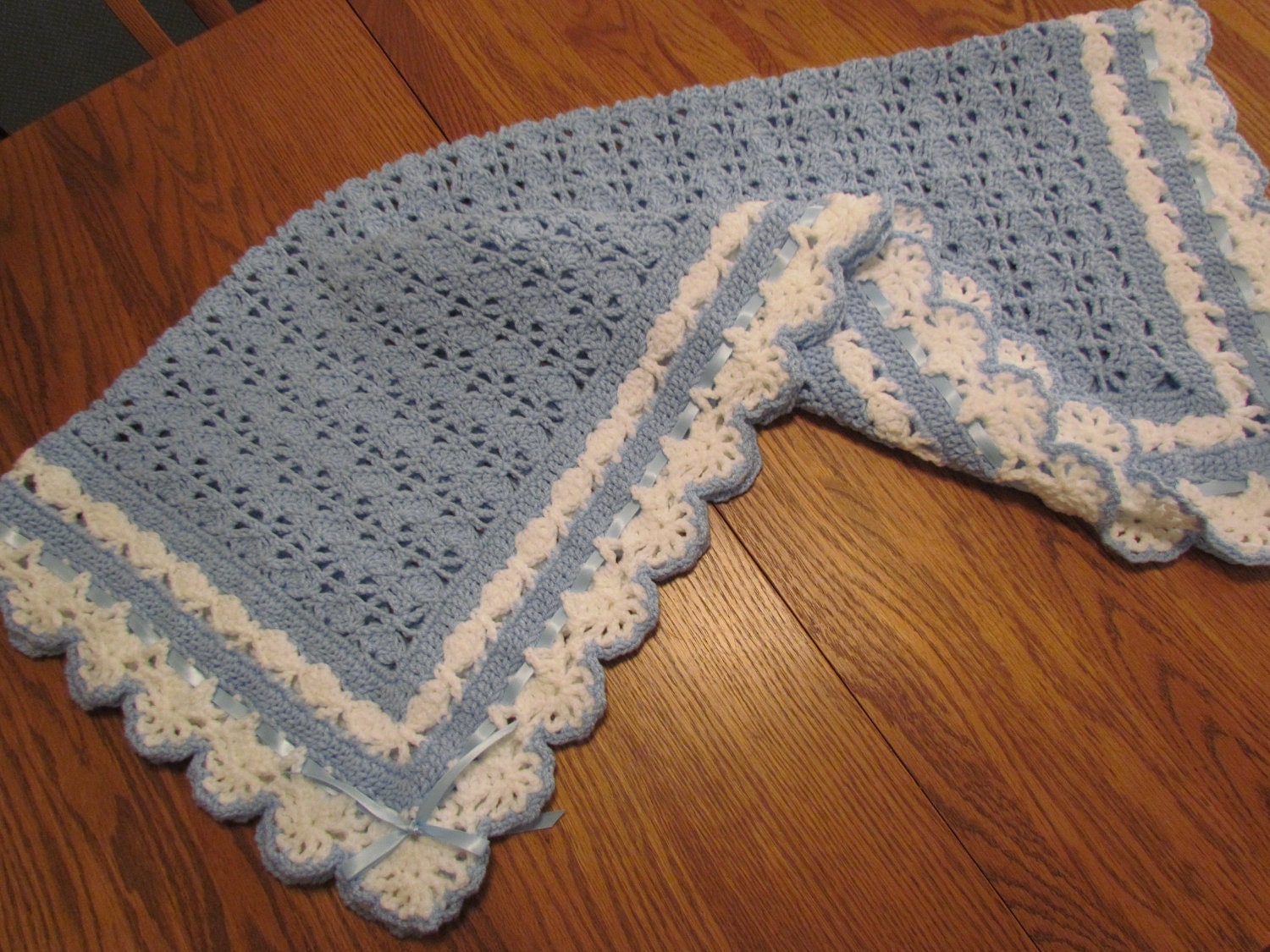 Crochet Baby Blanket Heirloom Lace Afghan Blue and White with