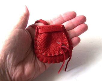 Red Leather Medicine Bag / Neck Pouch....Large Secured Flap..Smooth