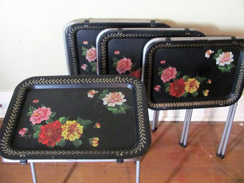 Vintage Black Floral Metal TV Trays With Stands Set Of 4   Il Fullxfull.381601558 G6ge 