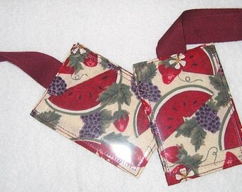 Watermelon and berry luggage tag with burgundy webbed strap