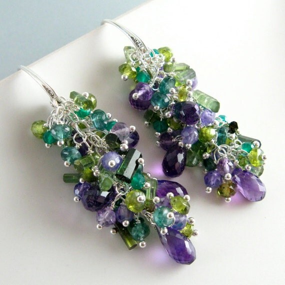 Purple and Green Gemstone Cluster Sterling Silver Earrings