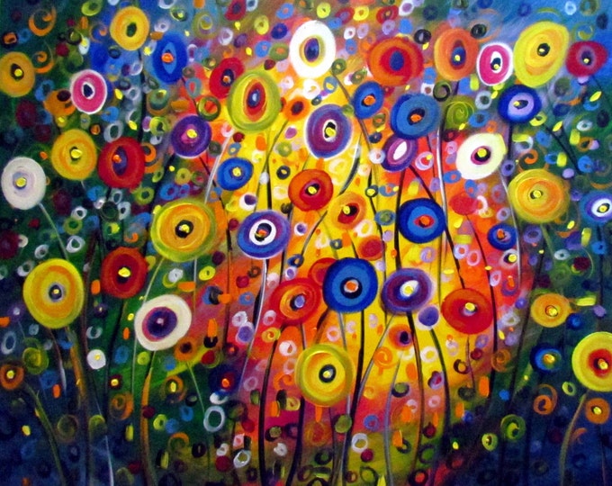 XXL Original Painting FANTASY FLOWERS Modern Contemporary Whimsical Huge Single Canvas 64x36, 72x36 by Luiza Vizoli