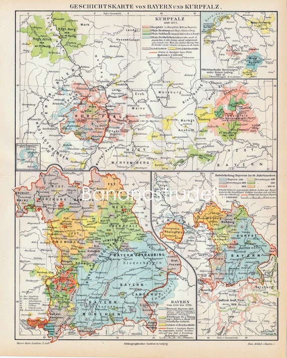 1895 Antique Map of the History of Bavaria and by bananastrudel
