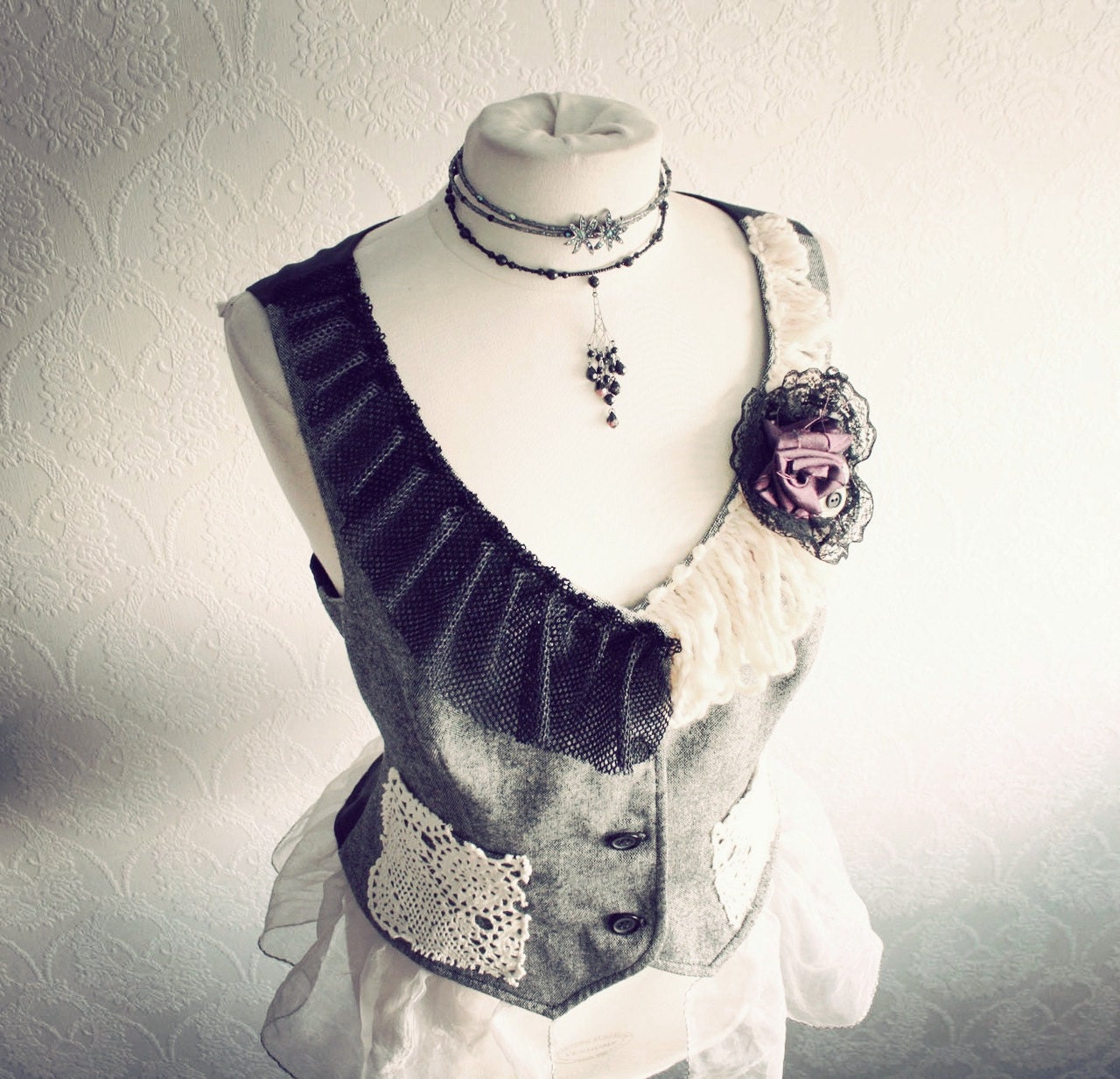 Women's Gray Vest Upcycled Top Victorian Clothing Purple