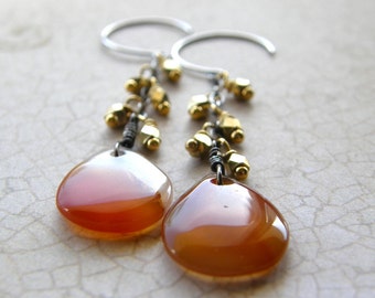 Red Agate Earrings, Silver and Gold, Red and Orange Drop Earrings, Mixed Metal Dangle Earrings, Fringe Earrings
