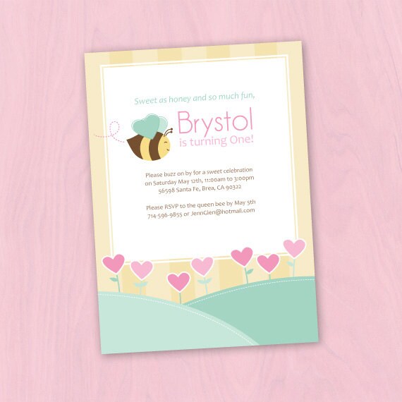 Bumble Bee, Pink and Yellow Birthday Party Invitation 5x7 Il_570xn