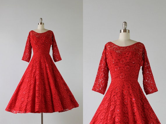 1950s Dress / 50s Red Dress / Red Lace Party by TheVintageMistress
