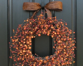 Wreaths - Pumpkin Pie - Fall Berry Wreath - Harvested Berries - Orange Berry Wreaths - Autumn Decor - Front Door Display