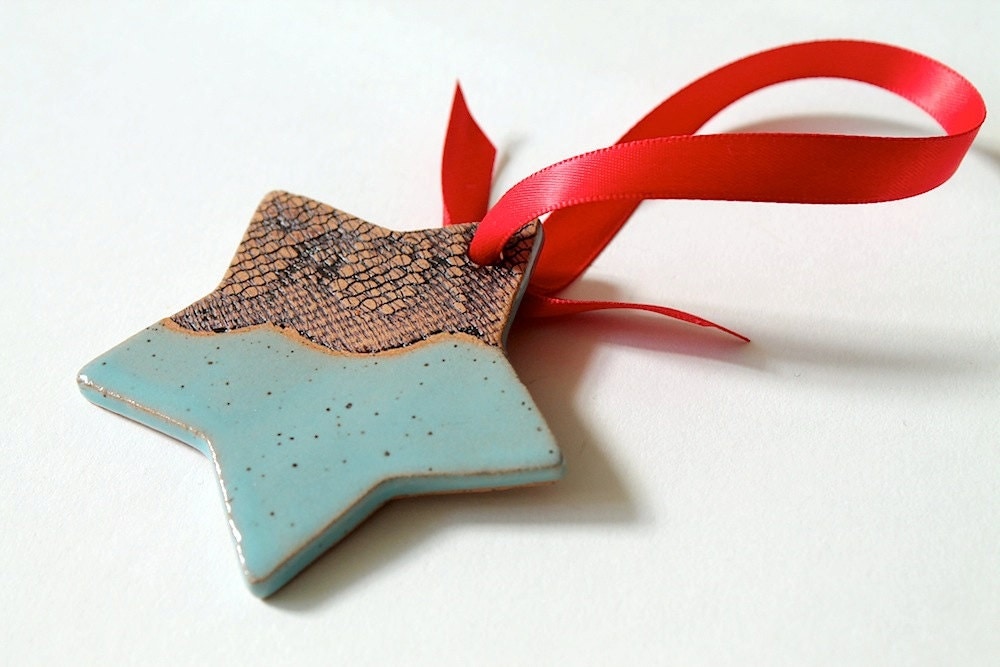 Handmade Turquoise Star Ornament in Floral Lace Pattern