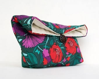 Handmade Makeup Bag, Bridesmaid Gift, Red and Purple Flowers on Teal Clutch Purse, Great for Travel, Gift Under 25, Bridesmaid Clutch