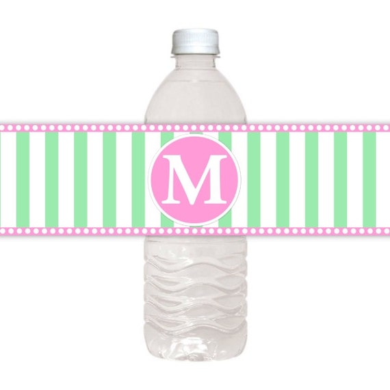 Custom Water Bottle Labels, Monogram Sticker with Stripes and Polka 