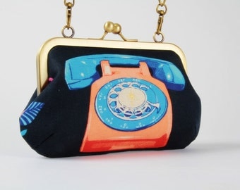 Party purse - Rotary in peach and blue - metal frame handbag with shoulder strap