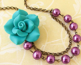Flower Necklace Beaded Necklace Bridesmaid Jewelry Teal Necklace Purple Jewelry Statement Necklace Gift For Her
