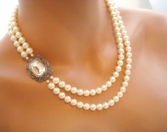 Bridal necklace, vintage style necklace, pearl necklace, wedding jewelry, Swarovski crystal and Swarovski pearls