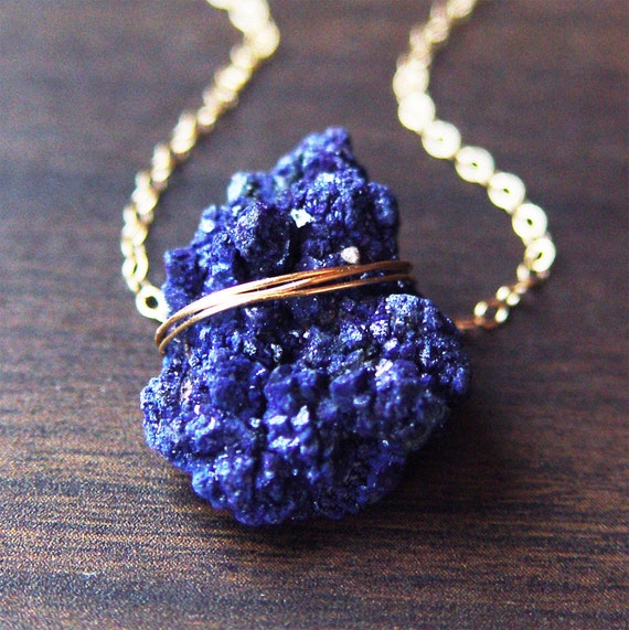 Moroccan Azurite Gold Necklace, Navy Blue