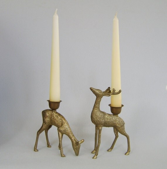 Vintage Brass Deer Candle Holders Set Woodland Holiday