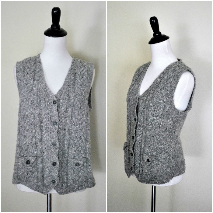 Vintage Gray Wool Vest/ Cable Knit Button Up Sweater Vest by