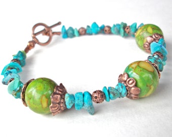 Turquoise bracelet, blue and green mosaic turquoise gemstone bracelet with copper beads and toggle clasp boho southwest