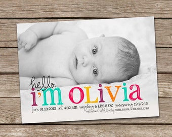 Birth Announcement : Hello Olivia Baby Girl Custom Photo Birth Announcement - Baby Announcement - Hello Baby - Photo Announcement