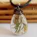 Small Yellow White Green Flower Teardrop Nature Pendant Clear Resin Shiny Boho Necklace Real Leaves Wire Wrapped Forest Bohemian Jewelry