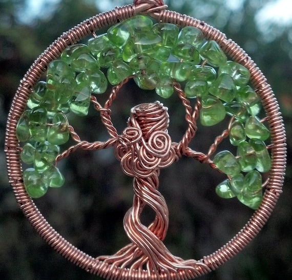 Mother Nature Tree of Life Pendant - Copper and Peridot Tree Goddess