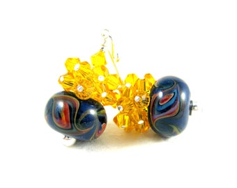 Yellow & Navy Blue Earrings, Boro Lampwork Earrings, Yellow Crystal Earrings, Beadwork Earrings, Dark Blue Earrings, Glass Earrings - Swoosh