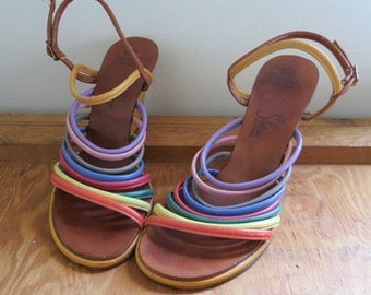 RAINBOW CONNECTION // strappy leather rainbow 1950s sandal wedges