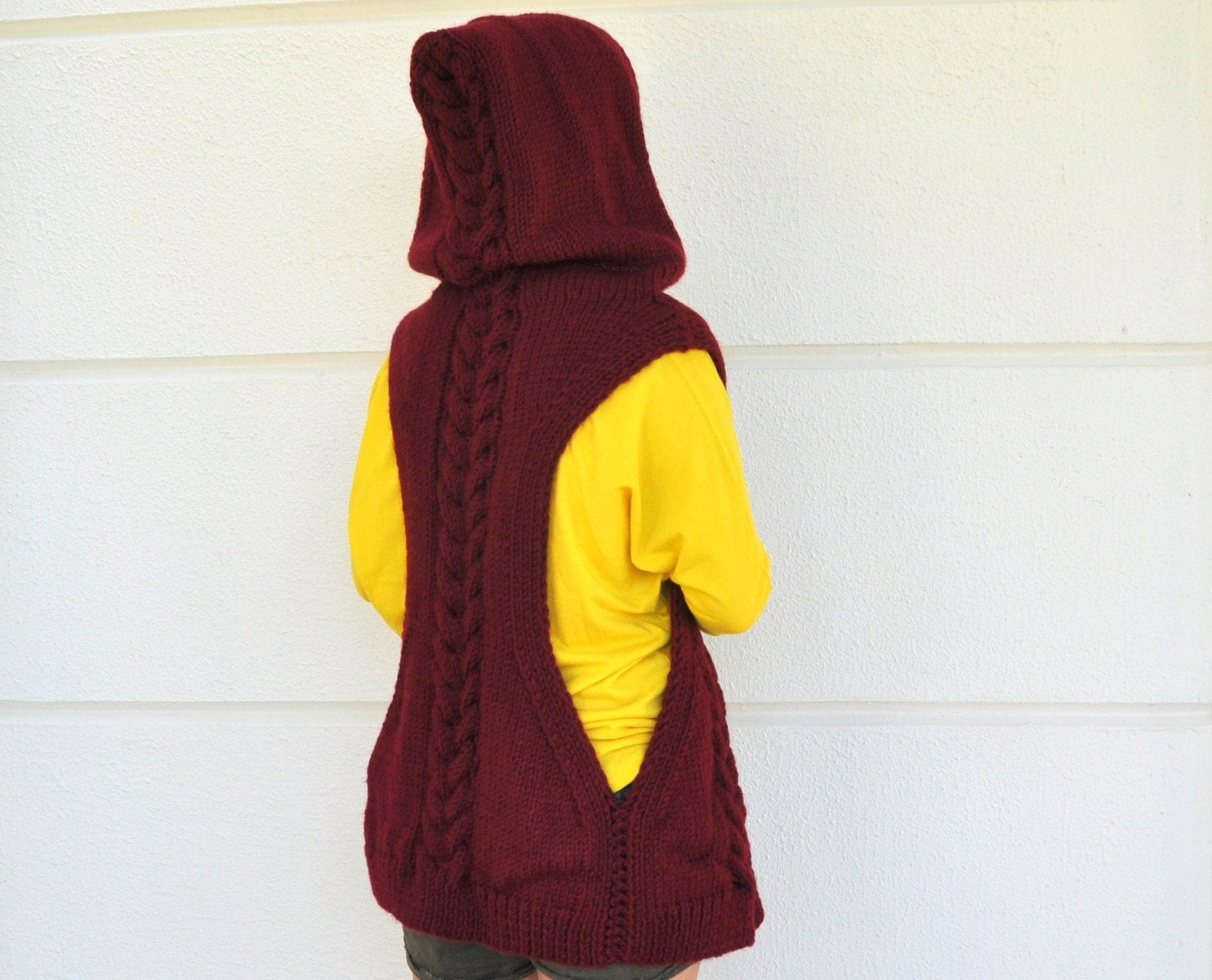 Sweater Vest Hooded Vest Hand Knit Sweater Burgundy Bourdeaux