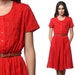 70s Midi Dress Red 1970s Shirt Pocket Button Up Sheer High Elastic Waist Short Sleeve Retro Vintage Casual Day ShirtDress Medium M