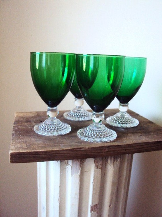 Vintage Green Glass Stemware Wine Glasses With Bubbled Clear