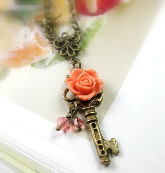 Vintage Style Jewelry Peach Flower Key Necklace by jewelrybyNaLa