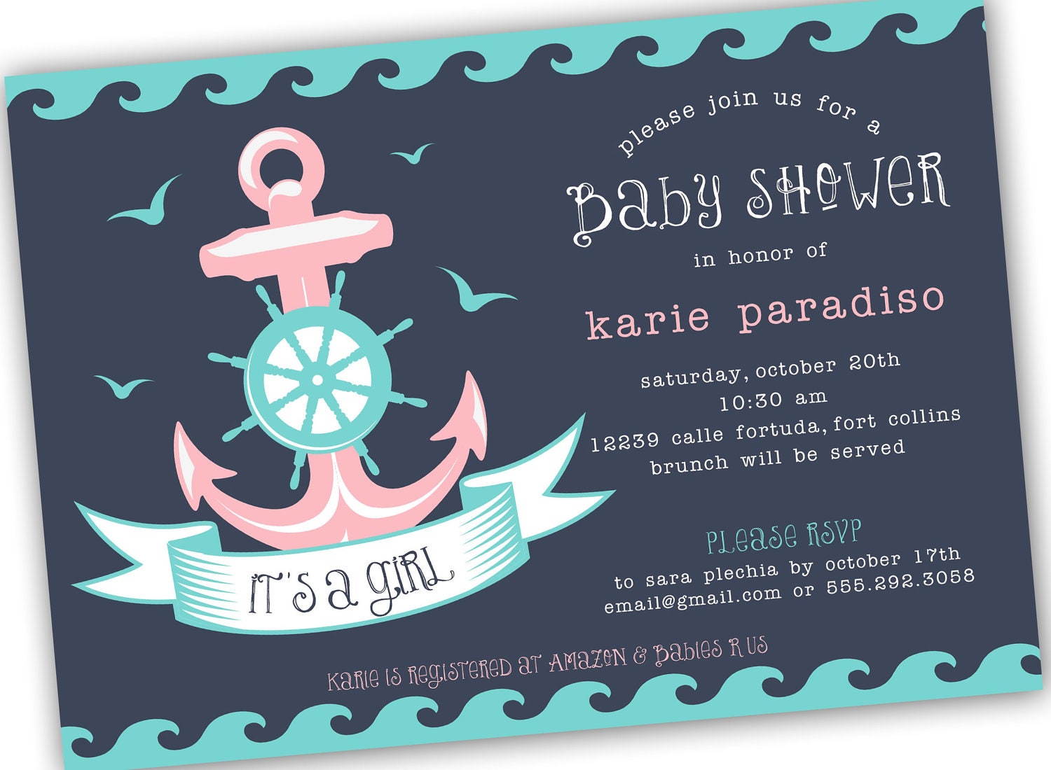 Nautical Themed Girl Boy or Neutral Baby Shower Invite 4x6