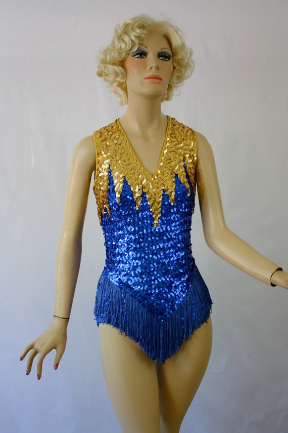 Vintage 70s Majorette Uniform Sexy Blue & Gold Sequin Knit