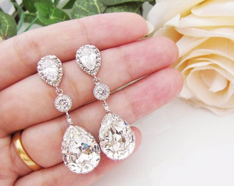 Wedding Jewelry Bridal Earrings Bridesmaid Earrings Dangle Earrings Swarovski Crystal and Cubic Zirconia Tear drop Earrings (E-B-0008)