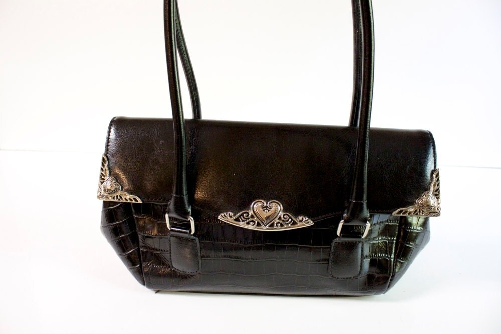 Vintage Black Leather Purse Handbag with silver hearts decor