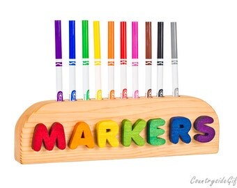 Marker Holder - Personalized Name Wooden Marker Holder - Natural & Organic Wooden Colored 10ct Marker Holder