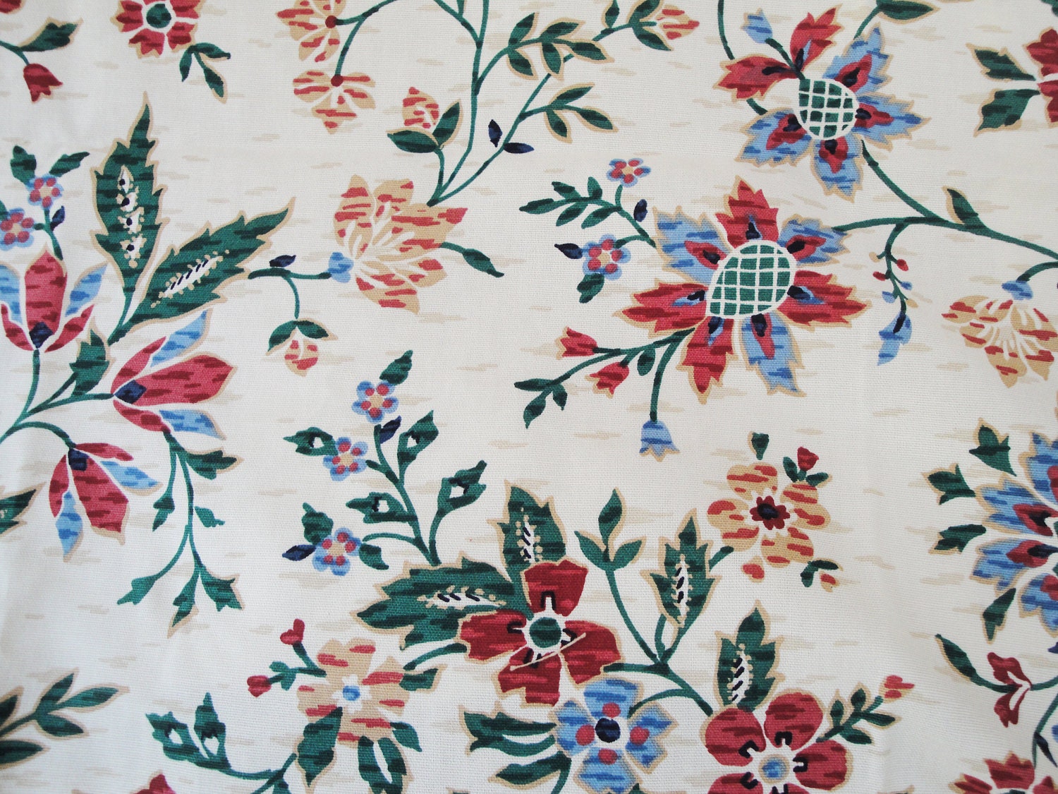 Fabric Waverly floral cream green blue cranberry